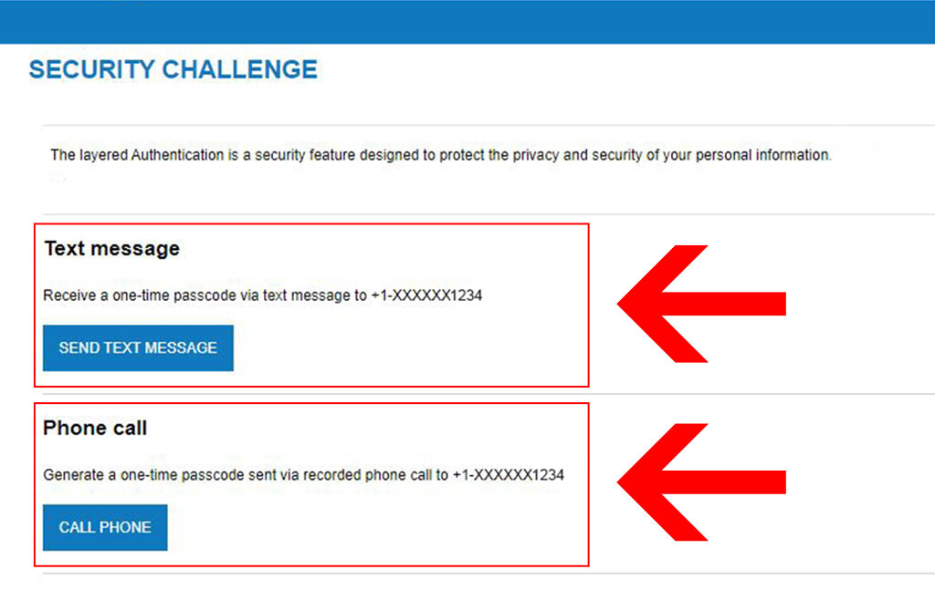 Multi-factor authentication security challenge screen in personal online banking.