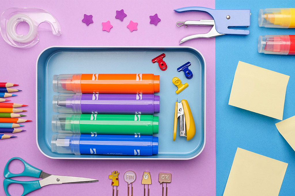 A variety of colorful school supplies.