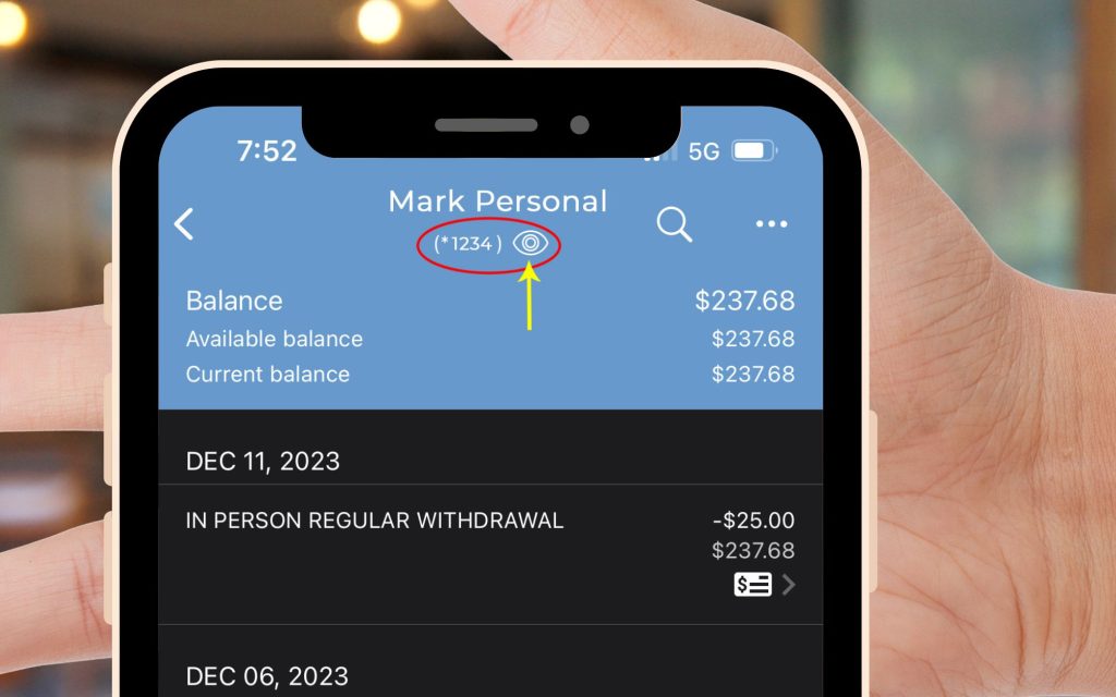 Mobile Banking screen showing where to find an account number.