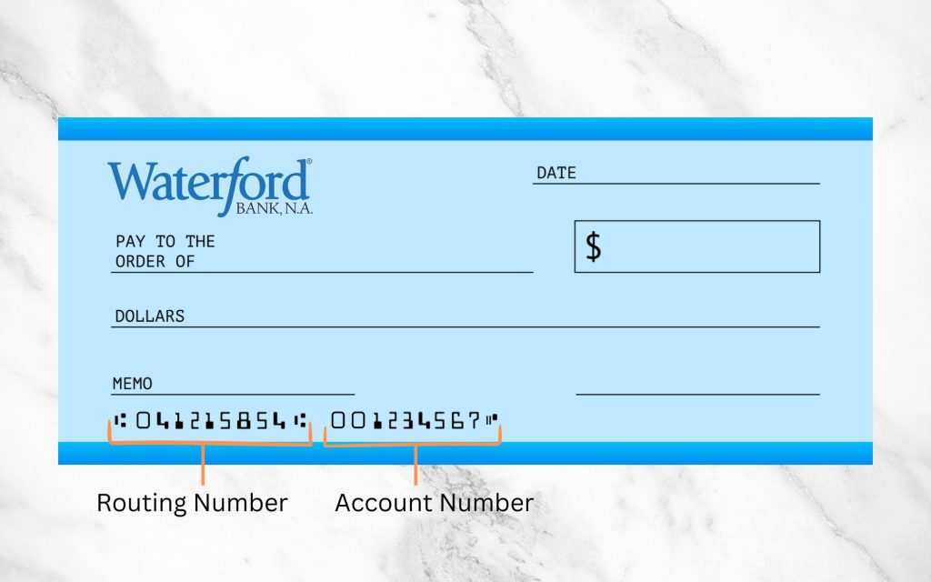 A banking basic sample - showing where a routing and account number are located on a check