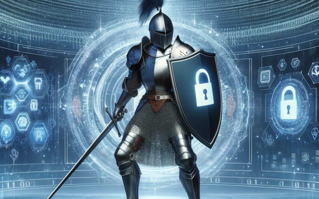 A knight in armor, set against a modern, digital backdrop to symbolize protection against online tax scams.